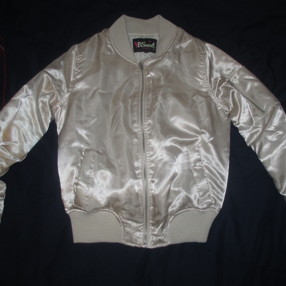 NEW, Champagne Metallic Satin Bomber Jacket